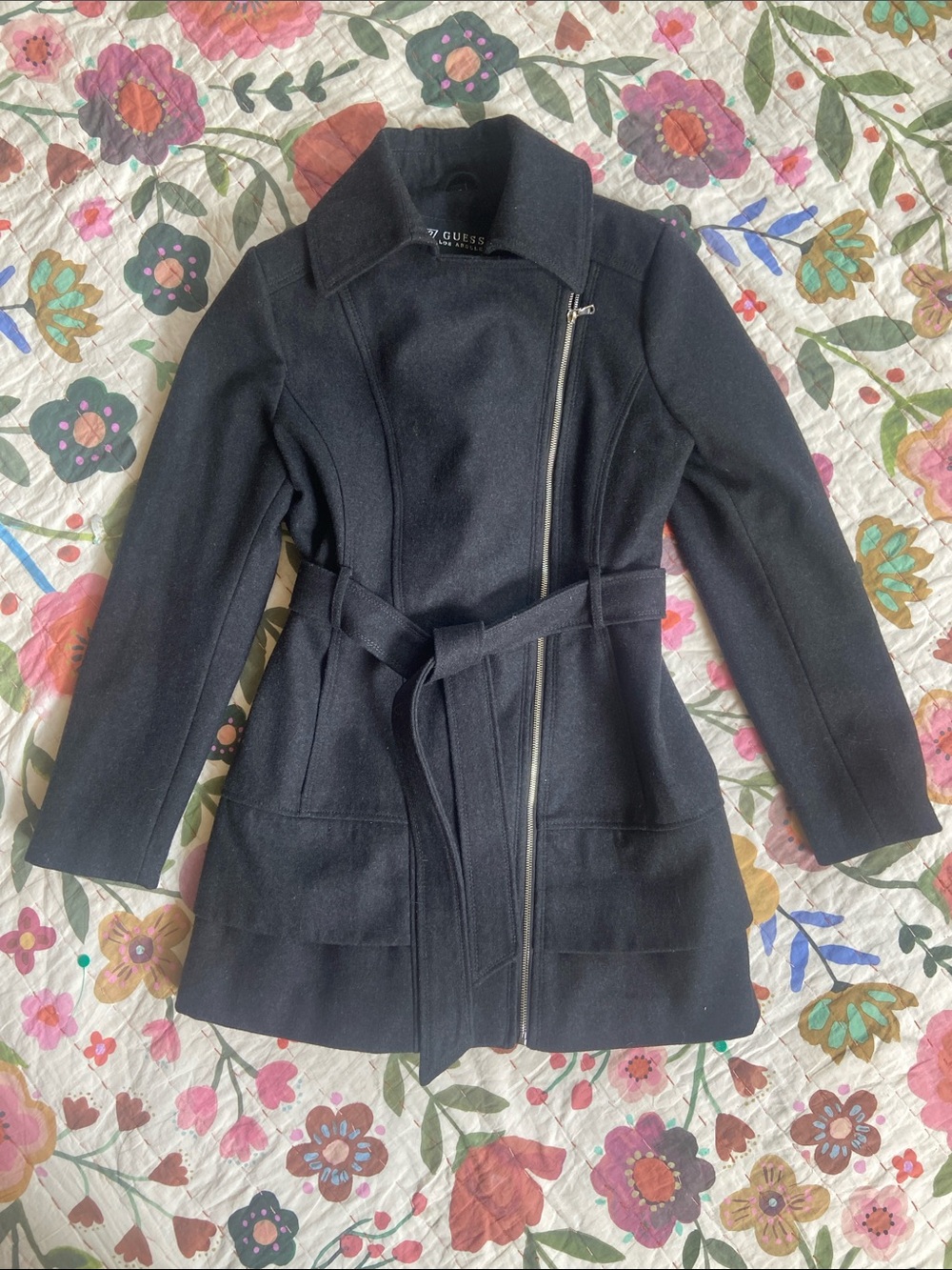 GUESS Charcoal Gray Belted Wool Blend Asymmetrical Zip Trench Coat Large